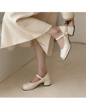 Single Shoes Women's Middle Chunky Mary Jane Women's Shoes Elegant Lady Small Leather Shoes High Heels