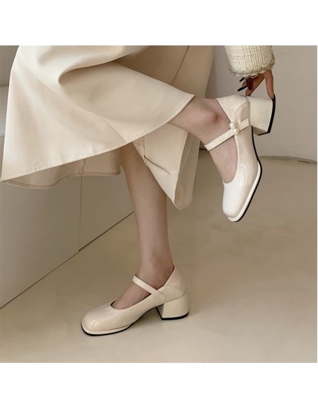 Single Shoes Women's Middle Chunky Mary Jane Women's Shoes Elegant Lady Small Leather Shoes High Heels