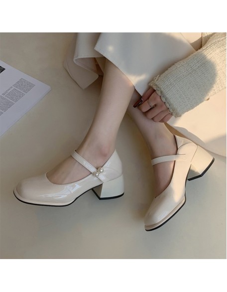 Single Shoes Women's Middle Chunky Mary Jane Women's Shoes Elegant Lady Small Leather Shoes High Heels