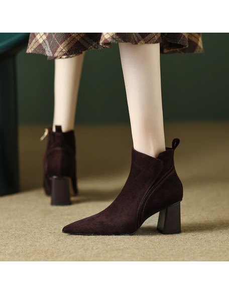 High-heeled shoes British style fashion short boots female retro simple sheep suede pointed thick heel elegant fashion boots