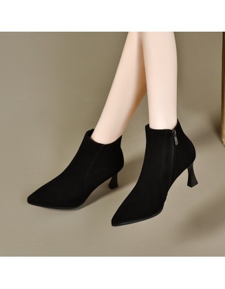 Sheepskin high heels female new pointed head fine heel short boots female frosted ankle boots