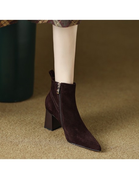 High-heeled shoes British style fashion short boots female retro simple sheep suede pointed thick heel elegant fashion boots