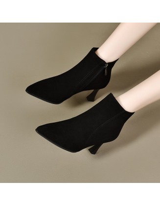 Sheepskin high heels female new pointed head fine heel short boots female frosted ankle boots