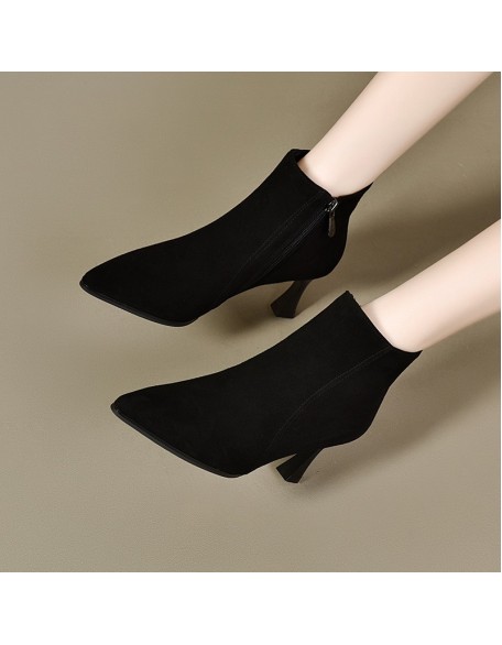 Sheepskin high heels female new pointed head fine heel short boots female frosted ankle boots