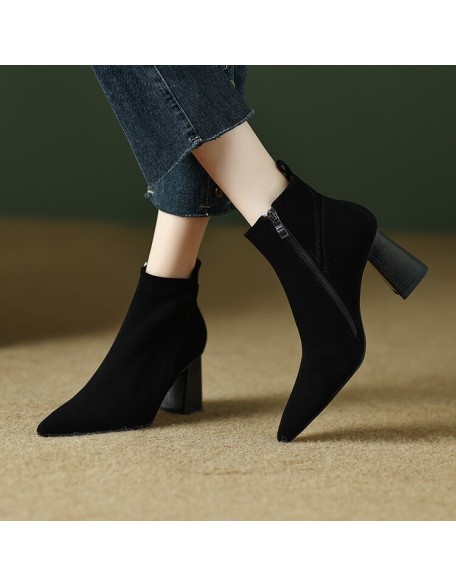 High-heeled shoes British style fashion short boots female retro simple sheep suede pointed thick heel elegant fashion boots