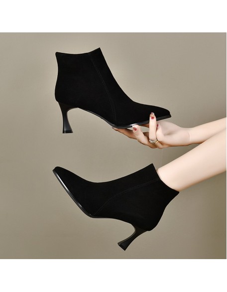 Sheepskin high heels female new pointed head fine heel short boots female frosted ankle boots