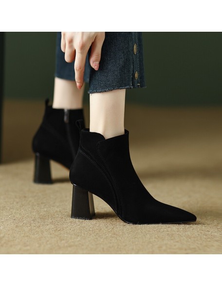 High-heeled shoes British style fashion short boots female retro simple sheep suede pointed thick heel elegant fashion boots