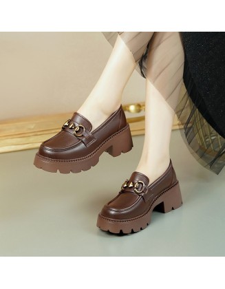 Genuine leather hundred with small leather shoes thick bottom heightening Le Fu shoes British style one foot stirrup single shoes