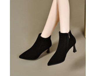 Sheepskin high heels female new pointed head fine heel short boots female frosted ankle boots