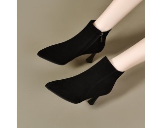 Sheepskin high heels female new pointed head fine heel short boots female frosted ankle boots